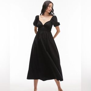 Topshop ruched poplin midi dress in black US 8 UK 12